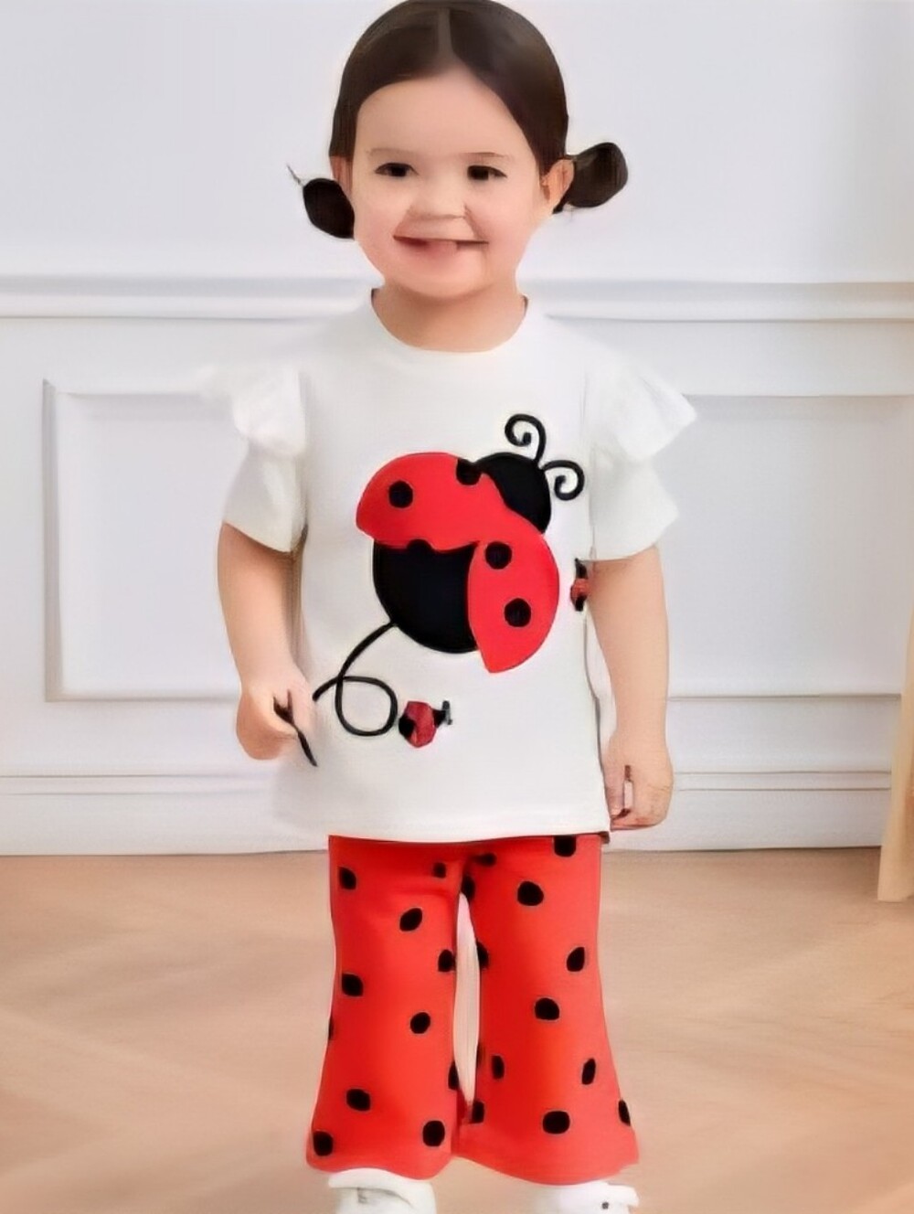 Girl's White and Red Ladybug Top & Flare Pants Set, Size 2-3Y
